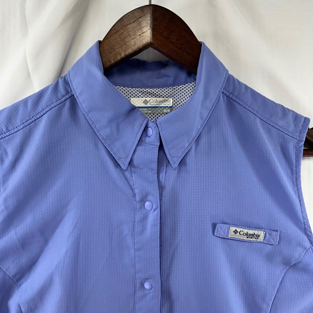 Columbia PFG Tamiami Shirt Womens Medium Blue Sleeveless Vented Snap Front - Picture 2 of 12